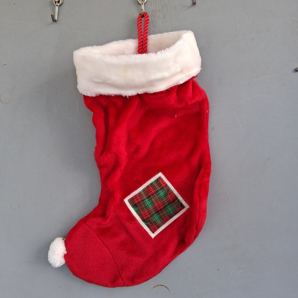 Vtg Red Plush Christmas Stocking Elf Shoe Shape Plaid Patch Pom-Pom